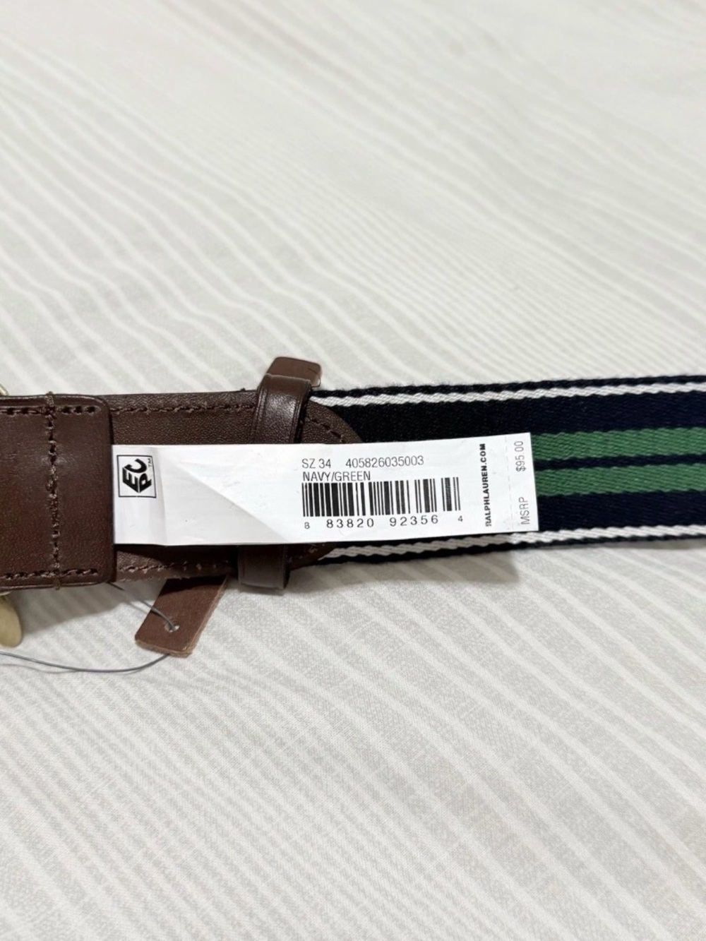 Polo Ralph Lauren Tiger Buckle Striped Canvas Leather Belt Green Navy 34 - Picture 2 of 2